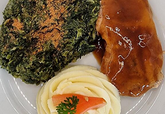 Aardappelpuree, Andijvie, Hamlap en Braadjus