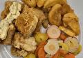 Gebakken Aardappelen, Regenboogwortelen, Gebakken Kibbeling en Remouladesaus