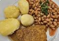 Gekookte Aardappelen, Witte Bonen in Tomatensaus, Kip Cordon Bleu en Braadjus