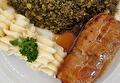 Aardappelpuree, Postelein, Slavink en Braadjus
