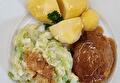 Gekookte Aardappelen, Spitskool a la Crème, Indische Schijf en Braadjus