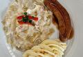 Aardappelpuree, Witlof Ham en Kaassaus, Varkenssaucijs en Braadjus