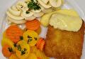 Aardappelpuree, Regenboogwortelen, Visstick en Botersaus