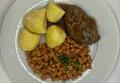 Gekookte Aardappelen, Witte Bonen tomatensaus, Toscaanse Runder steak met Braadjus