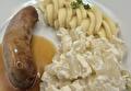 Aardappelpuree, Koolrabi met Saus, Rundersaucijs met Braadjus